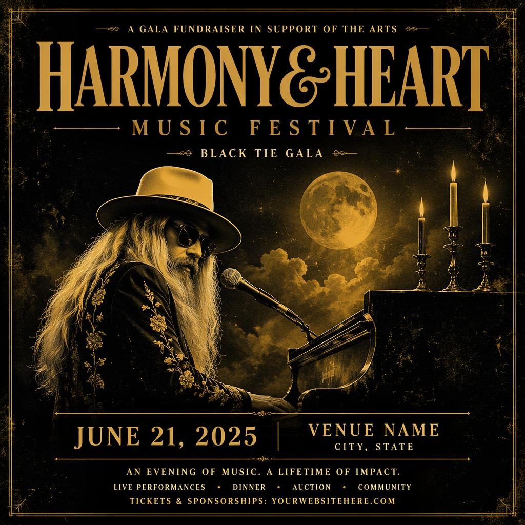 Black and gold gala fundraiser event poster with dreamy grunge style, music festival layout, and sharp venue text placeholders.