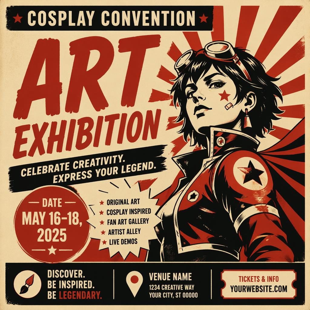 Vintage 1960s-style cosplay convention poster in cream and red with bold rebellious typography and clean placeholder text.
