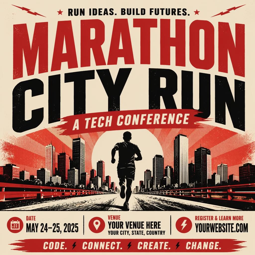 Bold event poster for Marathon City Run tech conference with sharp placeholder text, vintage cream and red palette.