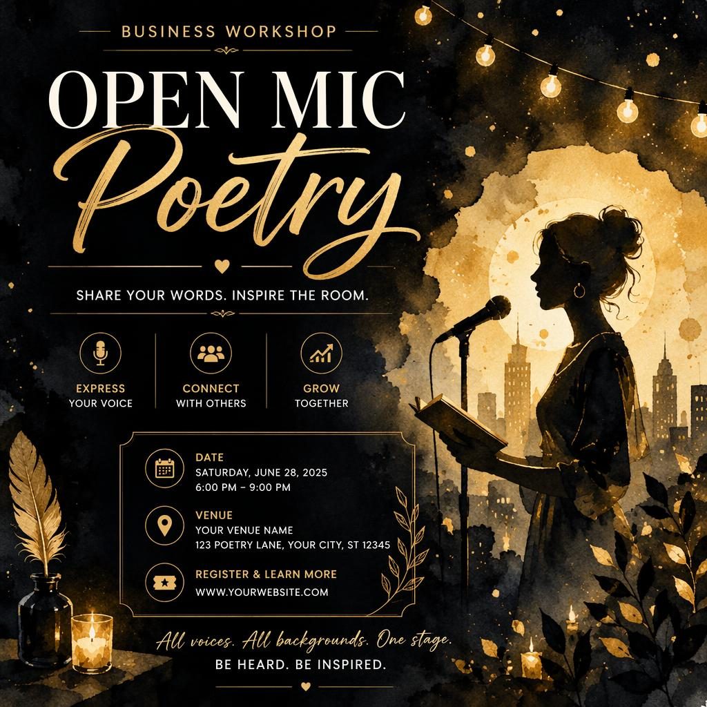 Watercolor event poster for open mic poetry with a dreamy black and gold palette and clean placeholder text for date and venue.