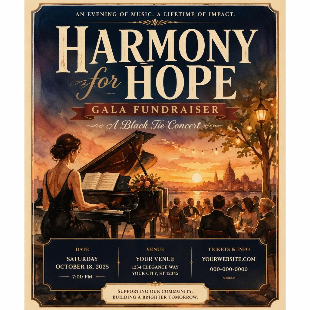 Watercolor event poster for a black tie gala fundraiser concert with warm sunset tones and clean placeholder text.