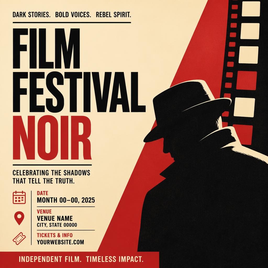 Minimalist Swiss-style noir event poster in cream and red with bold typography and clean date and venue placeholders.