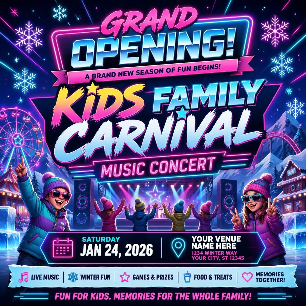 Retro 1980s neon winter event poster for a kids family carnival music concert with icy colors and clean placeholder text.