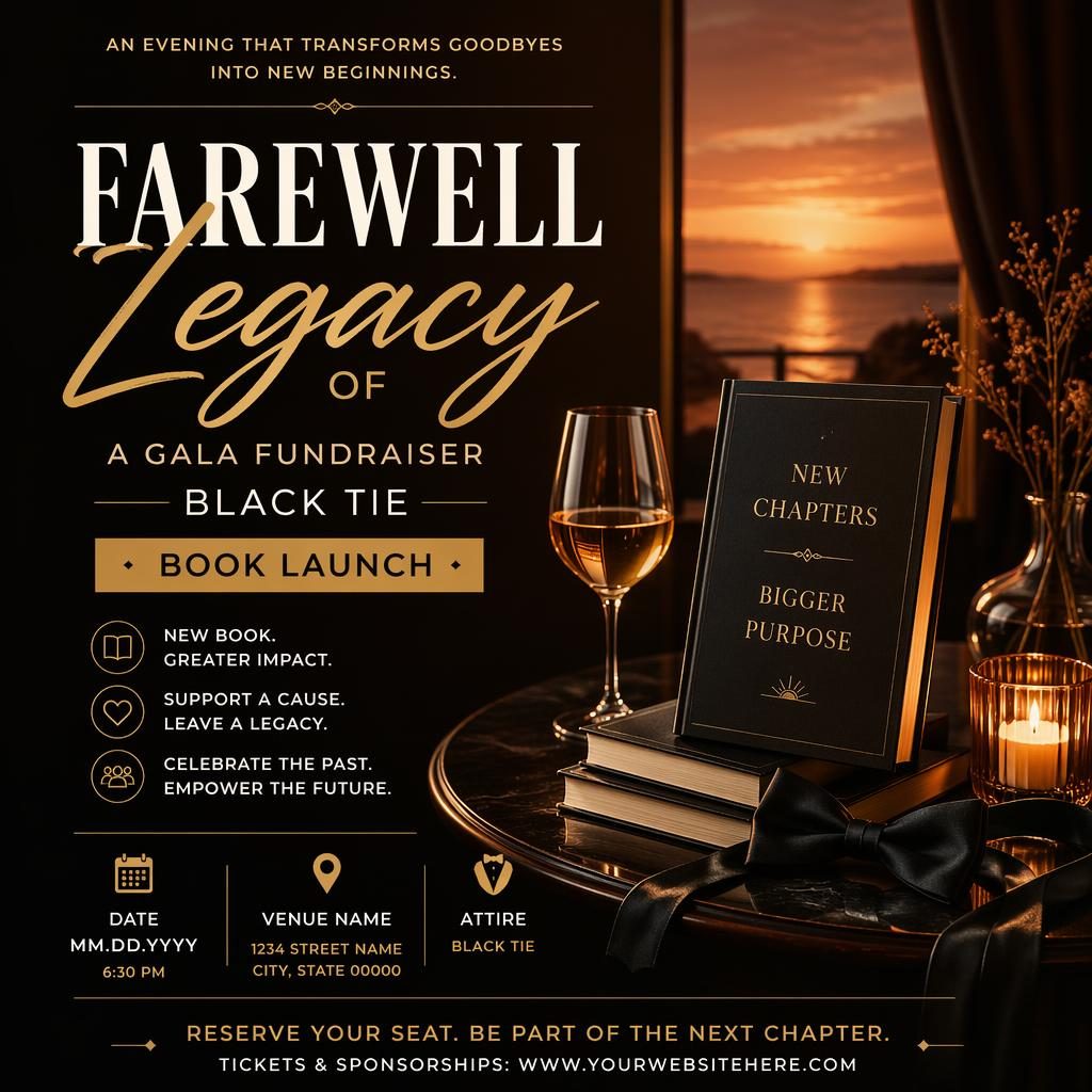 Cartel de evento tipo gala benéfica black tie para lanzamiento de libro, con tipografía protagonista y paleta cálida al atardecer.