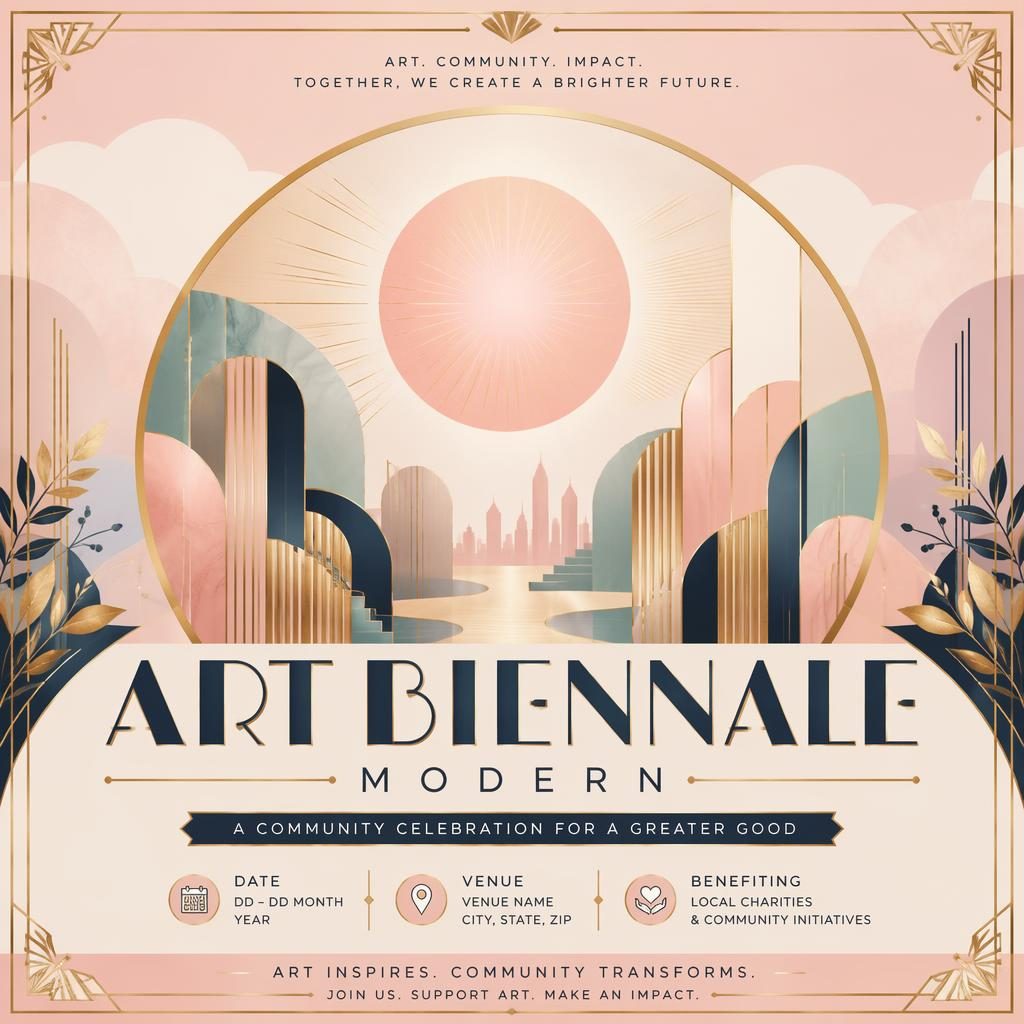 Art deco luxury event poster for a modern art biennale charity event in pastel tones with clean date and venue placeholders