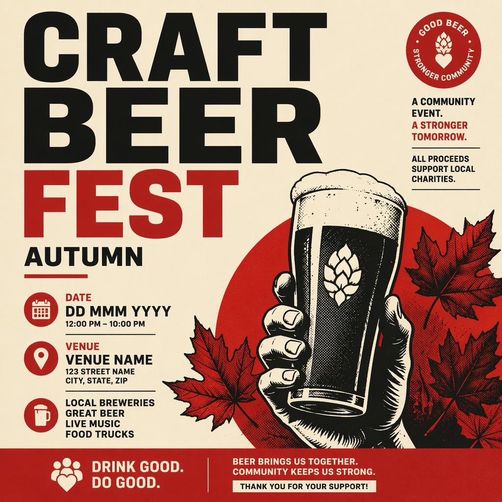 Minimalistisches Eventposter für ein herbstliches Craft Beer Fest in Creme und Rot mit klarer Typo und Platzhaltern.