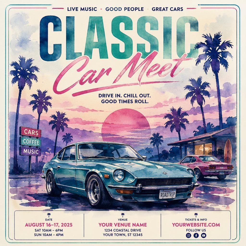 Watercolor event poster for a classic car meet with a cool neon palette, clean date and venue placeholders, and formal typography.