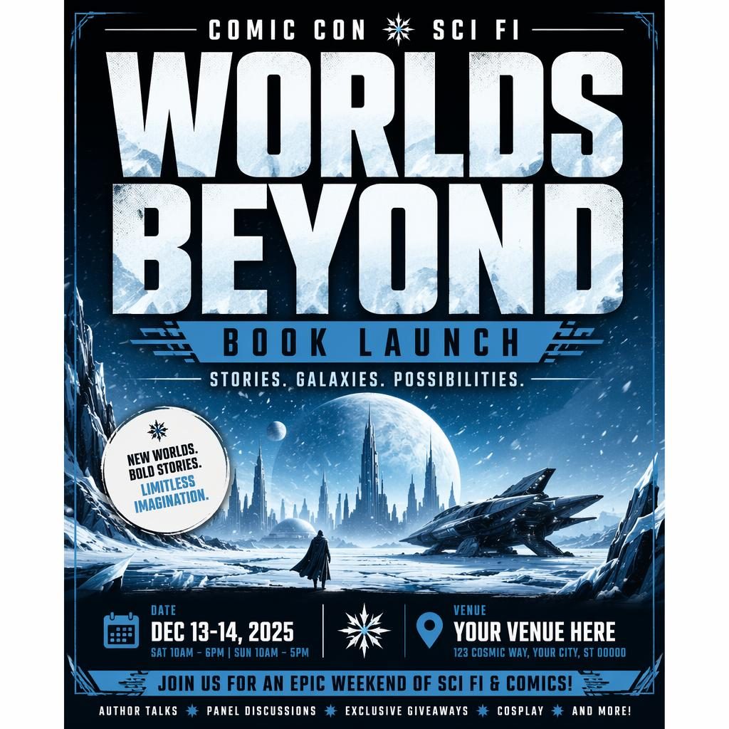 Sci-fi comic con book launch event poster with bold typography, winter ice colors, festive mood, and clean date venue placeholders.