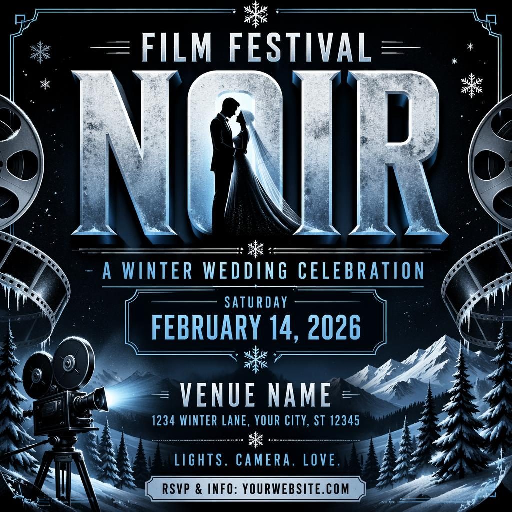 Film-Noir-Hochzeitsposter mit kräftiger Typografie, winterlicher Eisfarbpalette und scharfem englischem Platzhaltertext.