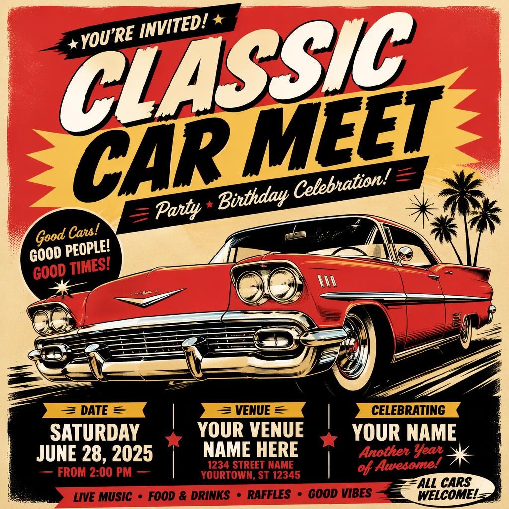 Vintage-Eventposter im 1960er-Gig-Poster-Stil für ein Classic Car Meet mit kräftigen Farben, Oldtimer-Motiv und Platzhaltern für Datum und Venue.
