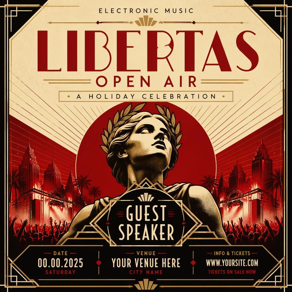 Art deco luxury event poster for an electronic music open air holiday celebration in cream and red with bold typography placeholders.