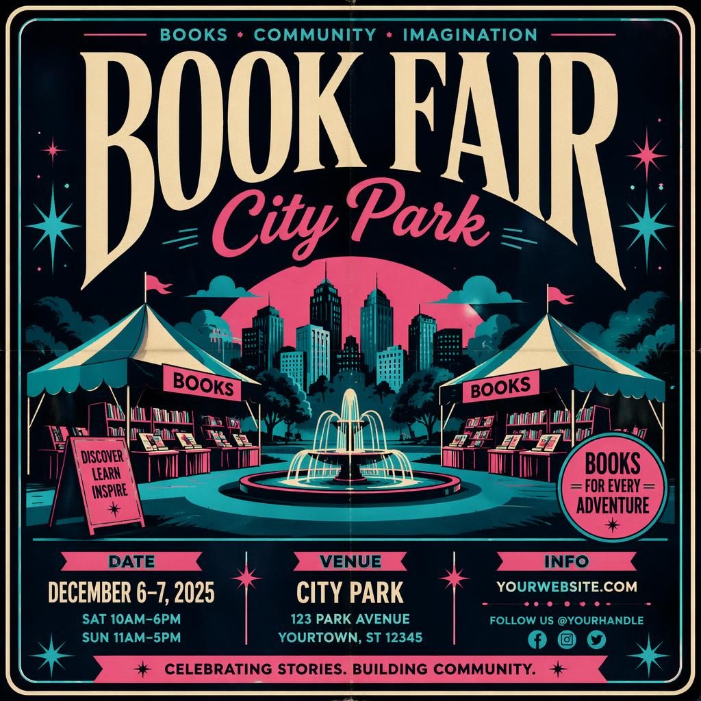 Vintage 1960s-style neon event poster for a city park book fair themed food festival with clean English placeholder text.