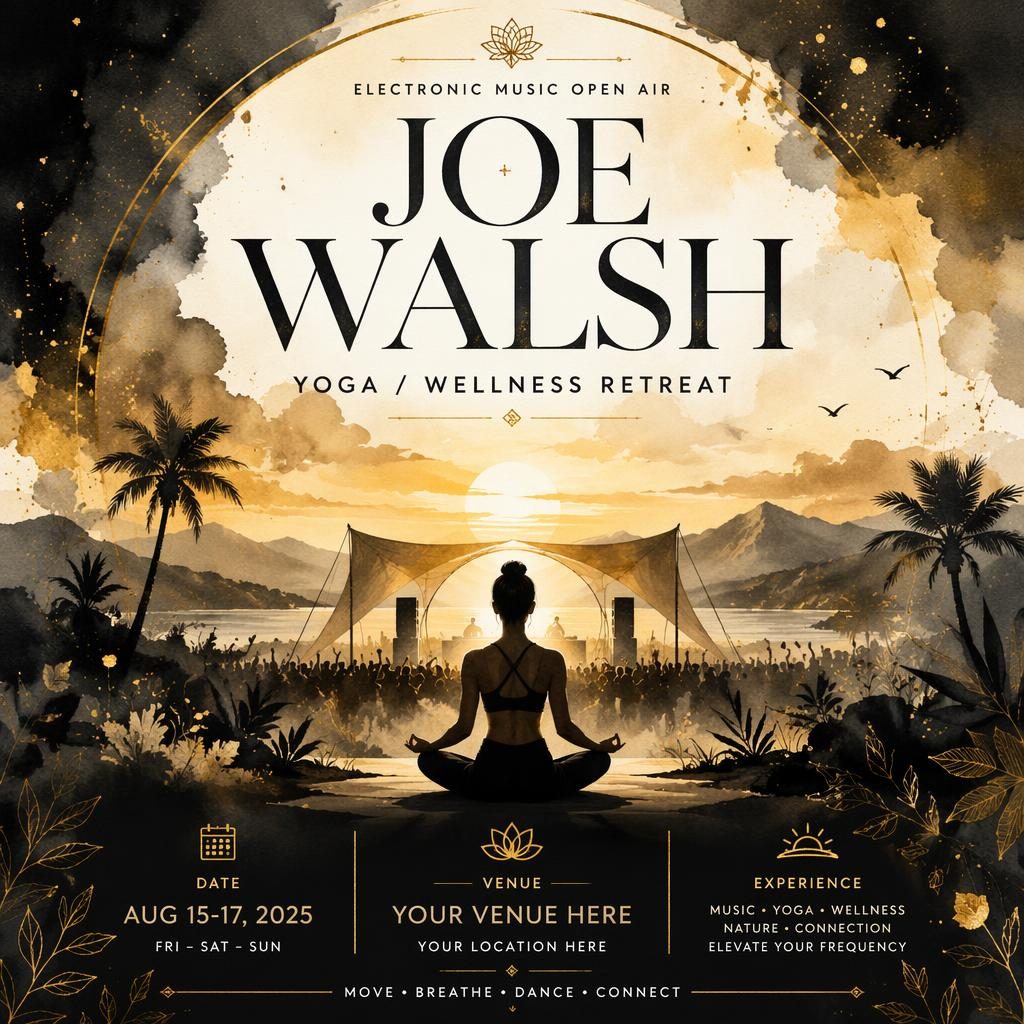 Watercolor event poster for an electronic music open air wellness retreat in black and gold, with dreamy romantic styling.
