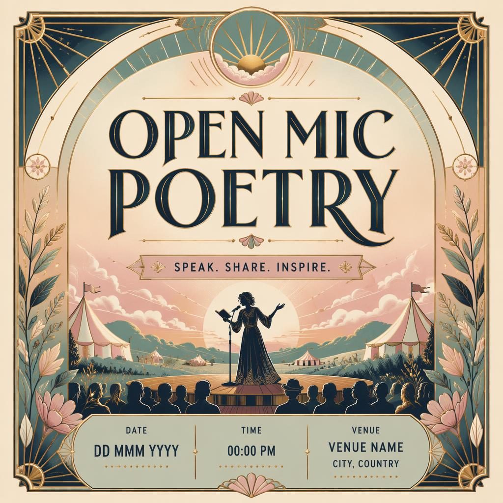 Art deco luxury event poster for an open mic poetry concert in a soft pastel palette with clean date and venue placeholders.