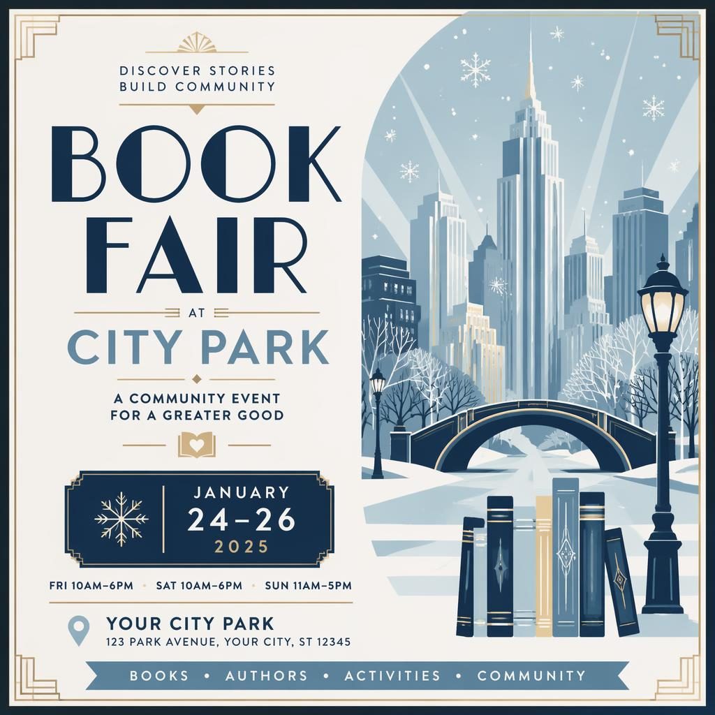 Minimalist Swiss-style winter event poster for a book fair in a city park with clean English placeholder text and icy blue tones.