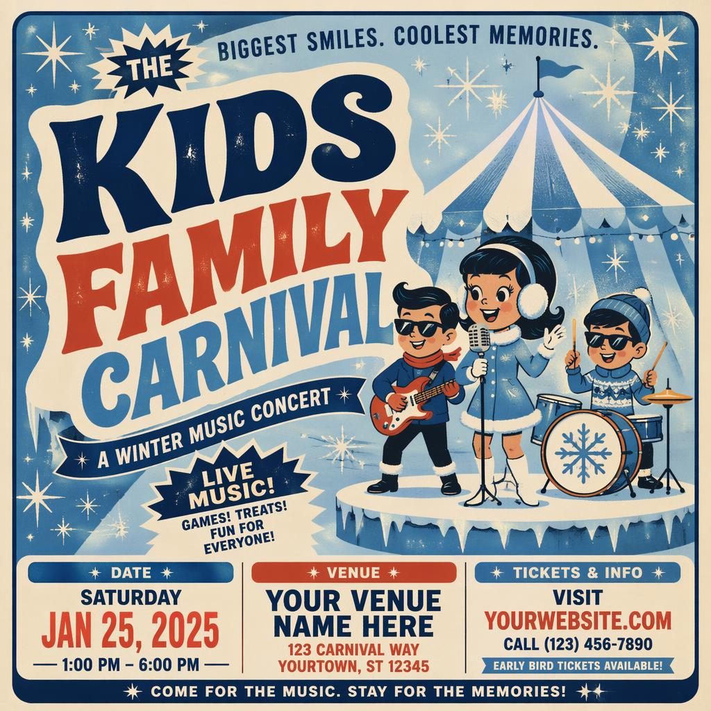 Vintage 1960s-style winter carnival concert poster with playful family graphics and clean event name, date, and venue text.