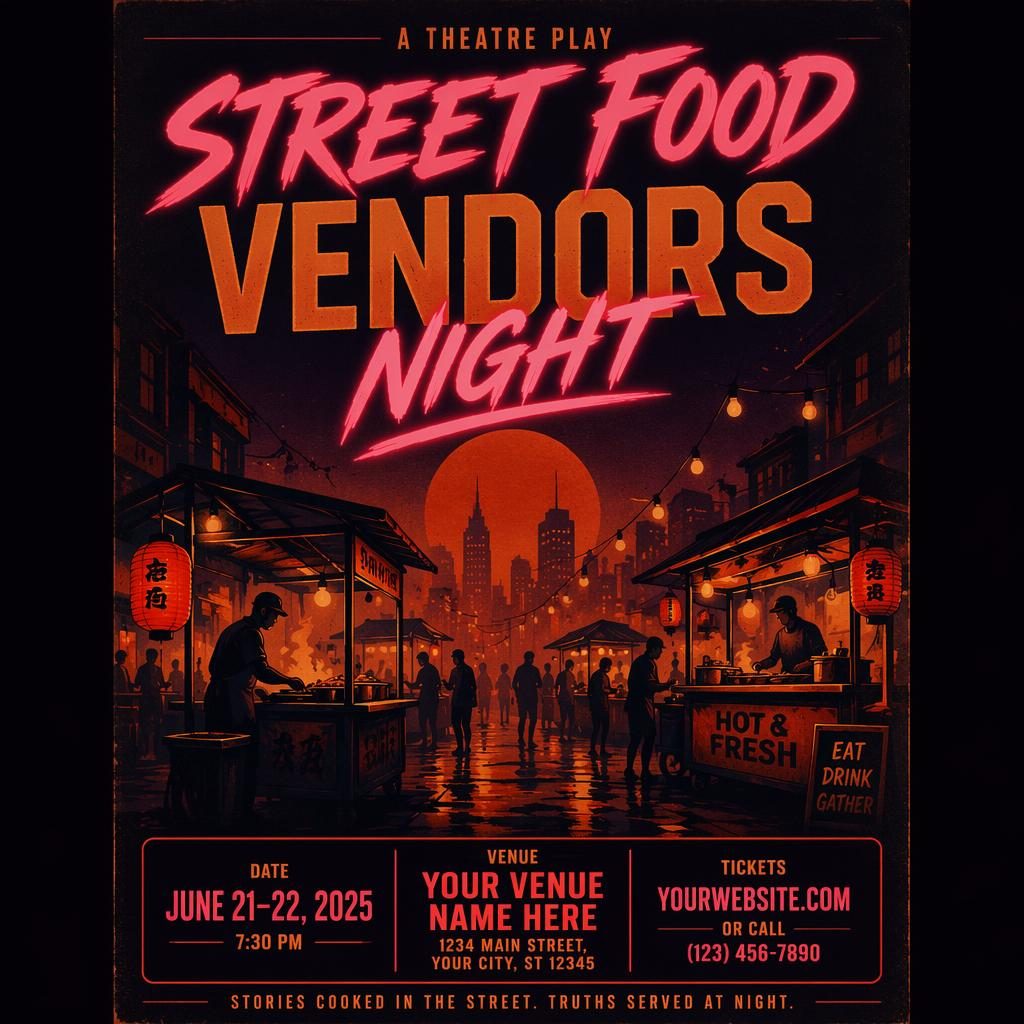 Affiche de théâtre rétro années 1980 avec vendeurs de street food de nuit, néons, ambiance sombre et palette rouille d’automne