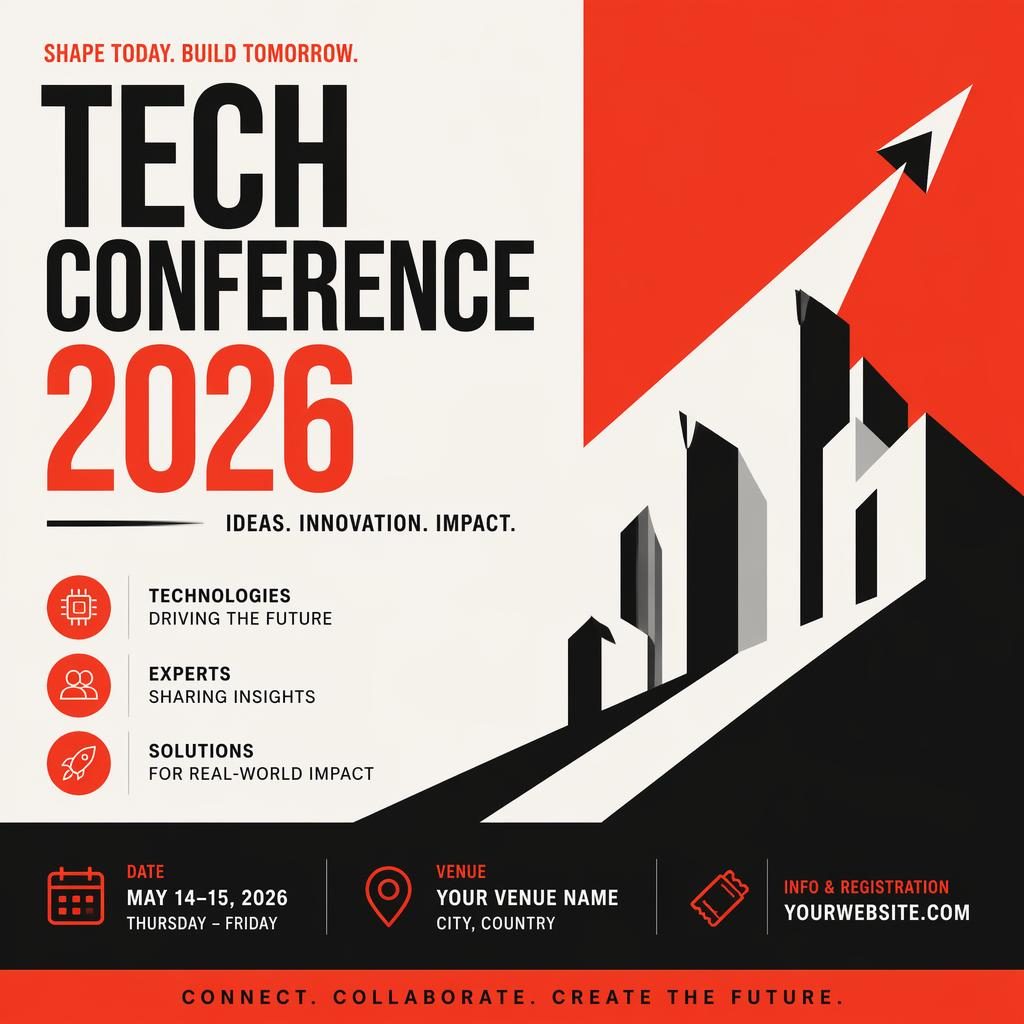 Minimalist Swiss-style event poster for Tech Conference 2026 with bold high-contrast layout and clean English placeholder text.