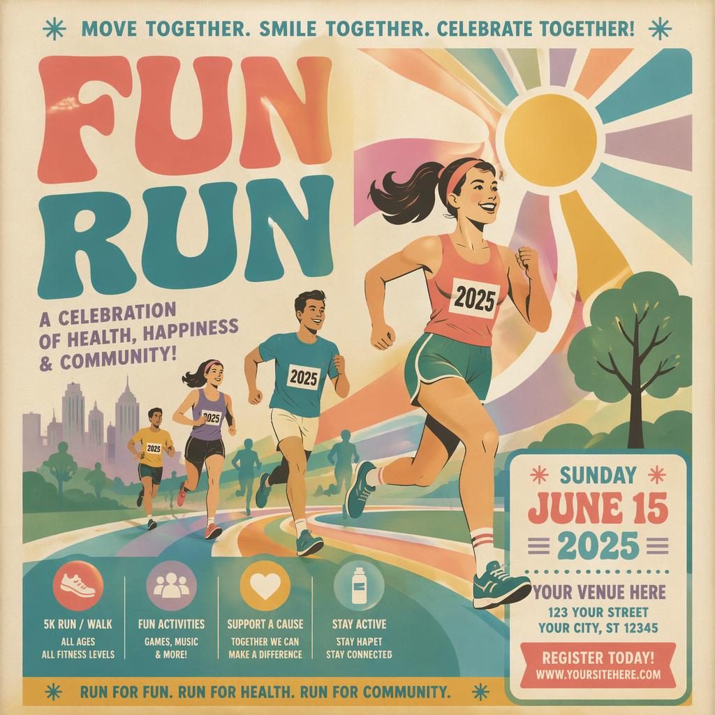 Vintage 1960s-style holiday celebration poster with pastel colors, joyful art biennale theme, and clean English text placeholders.