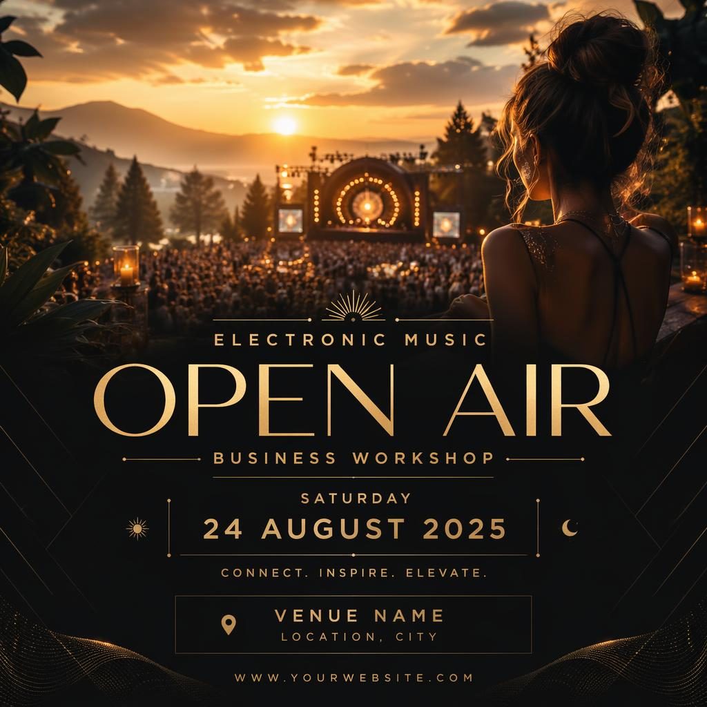 Fotografisches Eventposter für ein Electronic Music Open Air mit schwarzer und goldener Overlay-Optik, romantisch verträumt.