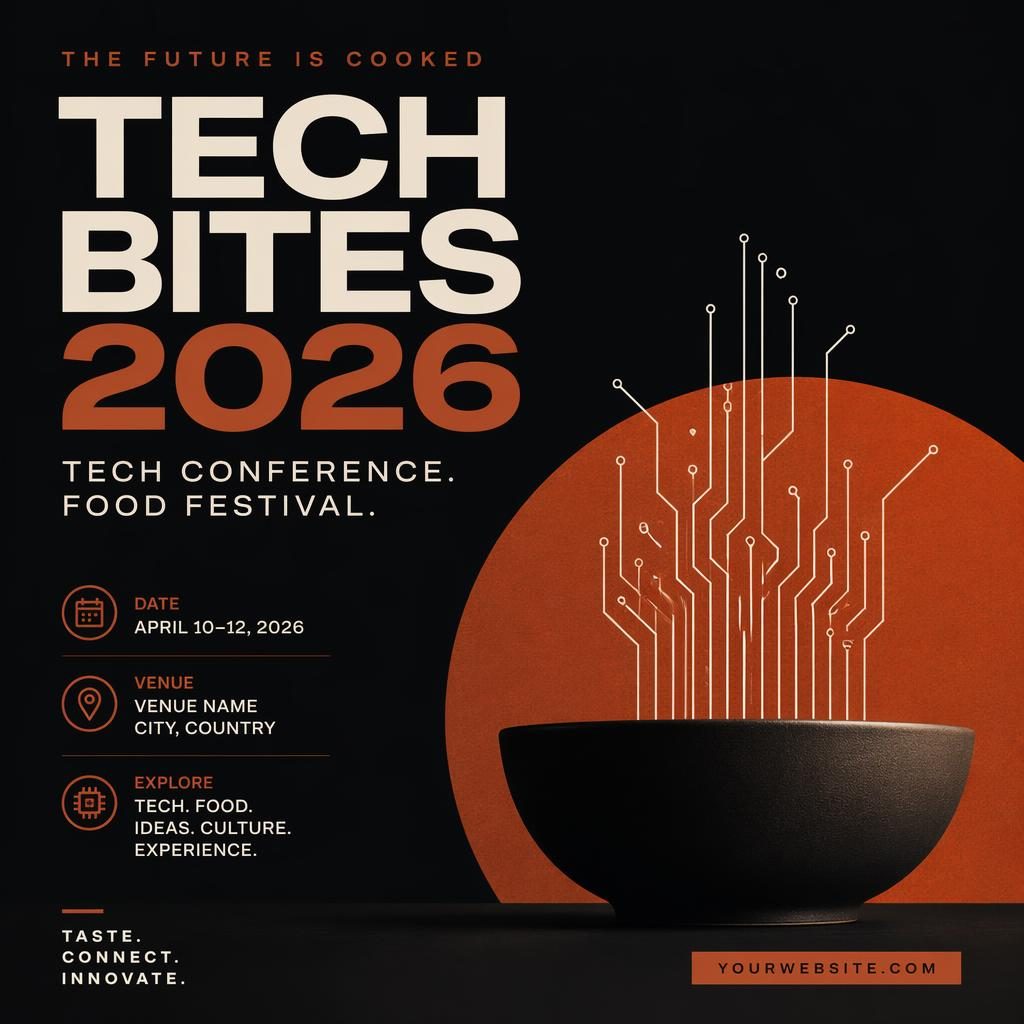 Minimalist Swiss-style event poster for Tech Conference 2026 with dark autumn rust palette and clean venue placeholders.