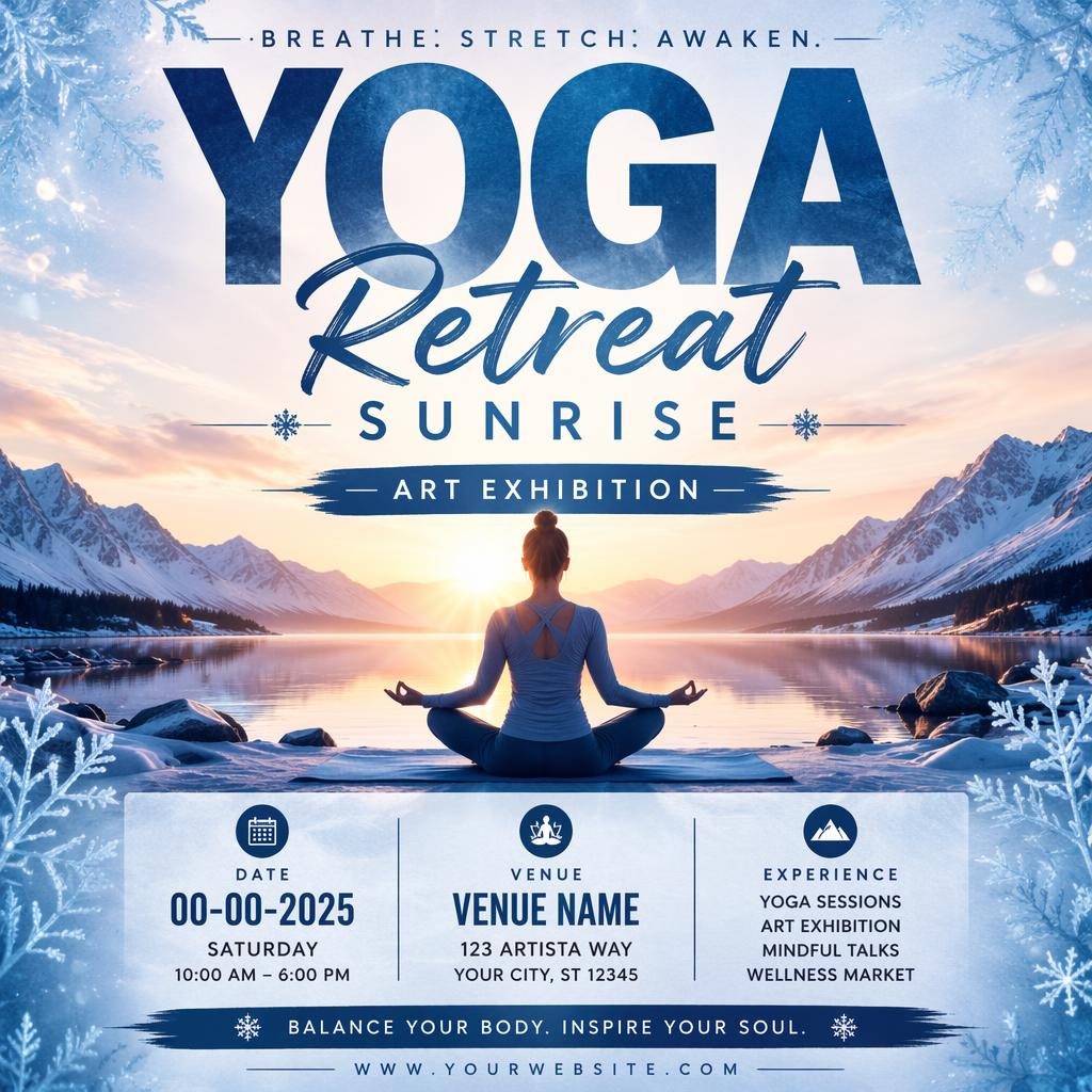 AI event poster with bold typography, winter ice colors, sunrise yoga imagery, and clean English placeholder text for date and venue.