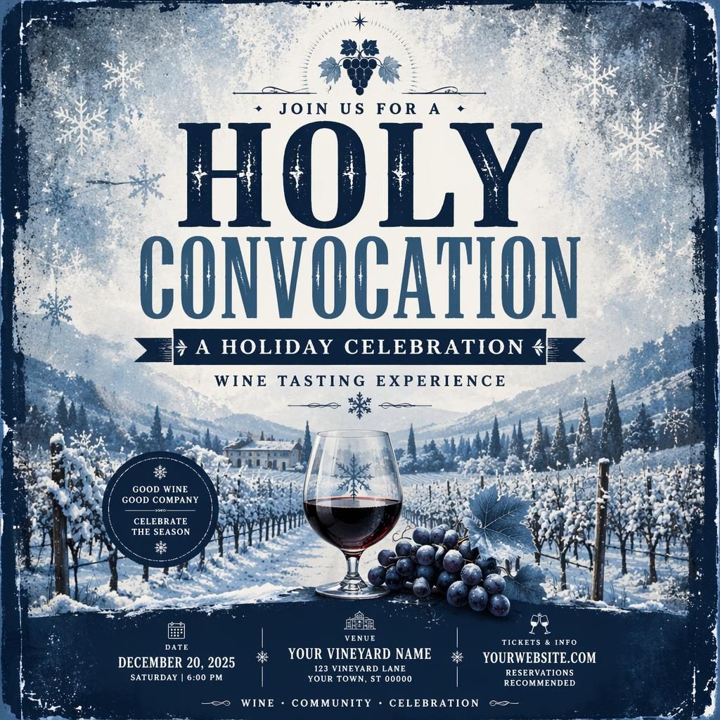 Grunge-style winter event poster for a vineyard wine tasting, with icy festive colors and sharp placeholder event text.