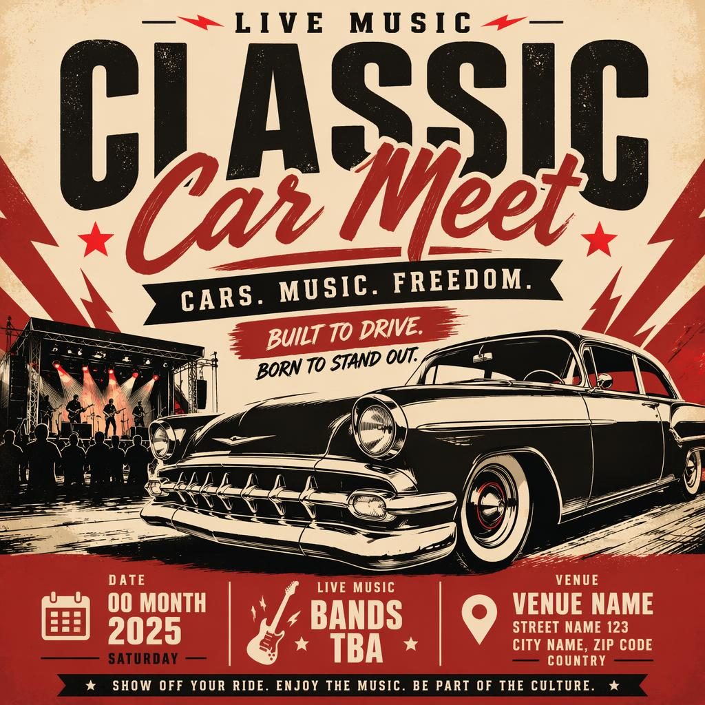 Event-Poster für ein Classic Car Meet mit großer Typografie, rebellischem Vintage-Look in Creme und Rot.