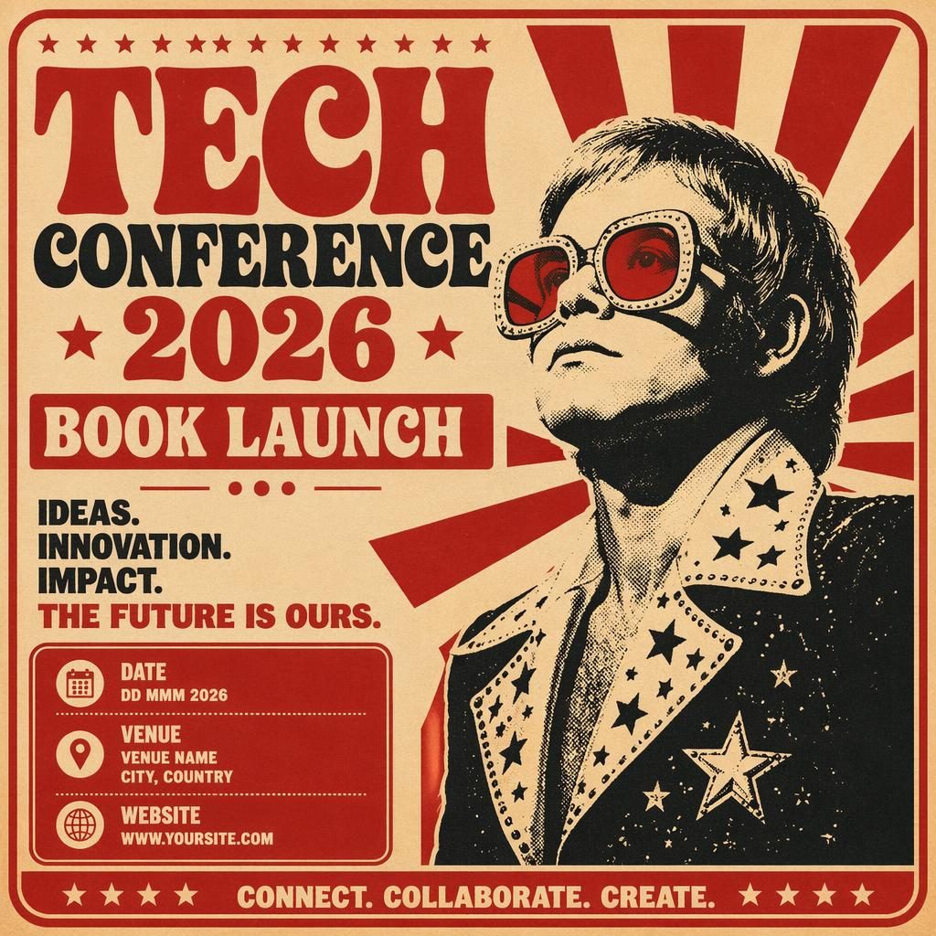 Vintage 1960s-style event poster for Tech Conference 2026 book launch, cream and red palette, bold typography, venue placeholders.