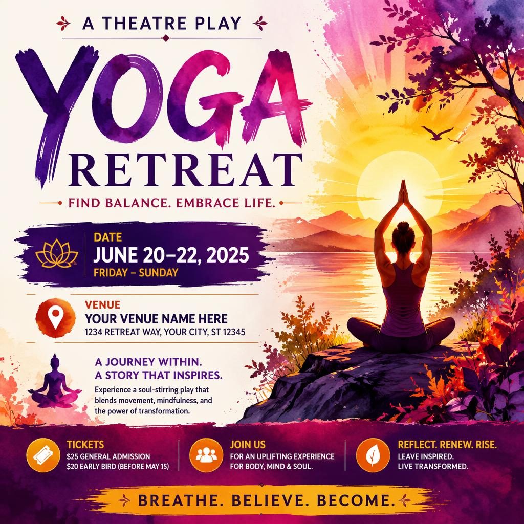 Watercolor event poster of a sunrise yoga retreat with festive bold colors and clean placeholder text for name, date, and venue.