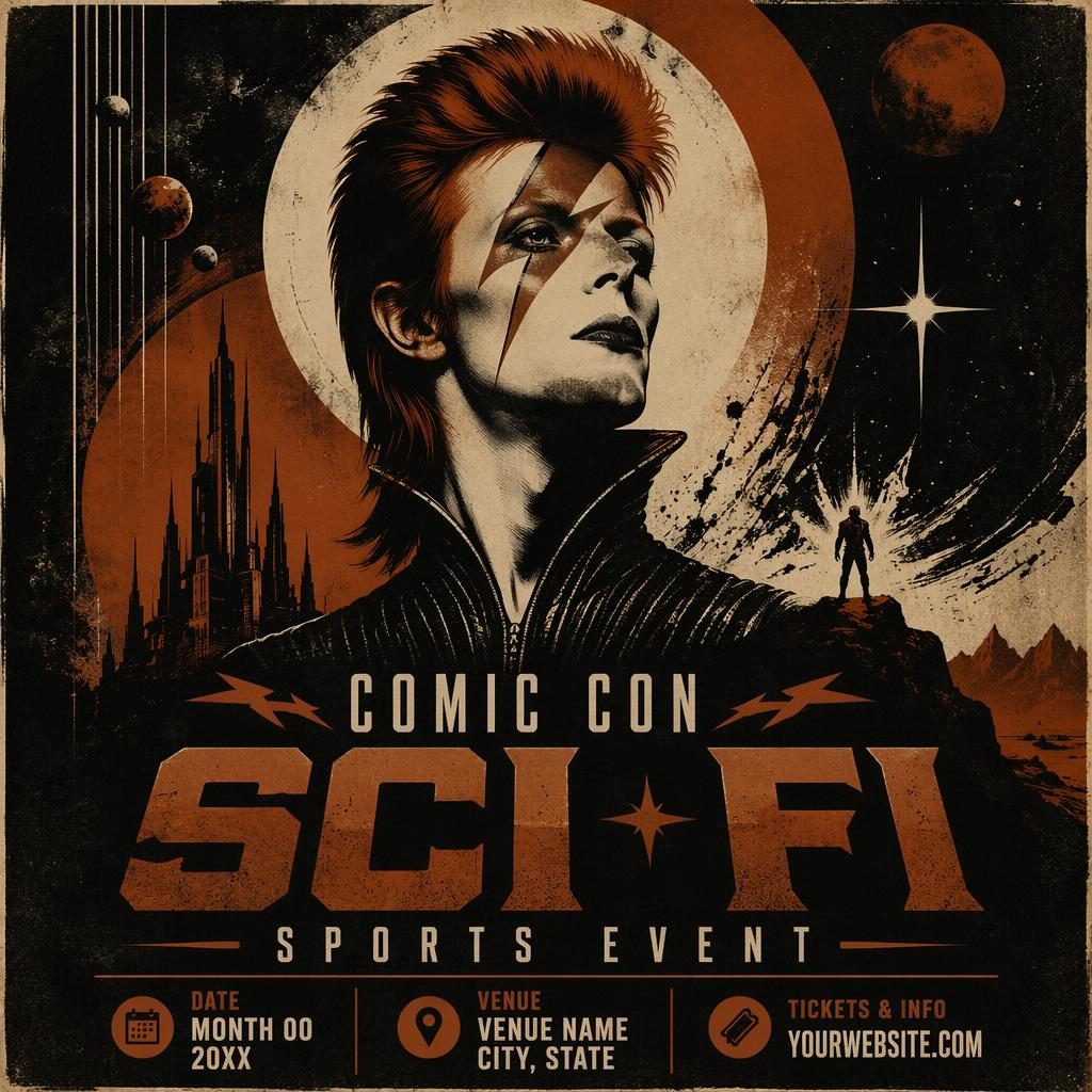 Grunge sci-fi comic con sports event poster in a dark autumn rust palette with clean placeholder text for event name, date, and venue.