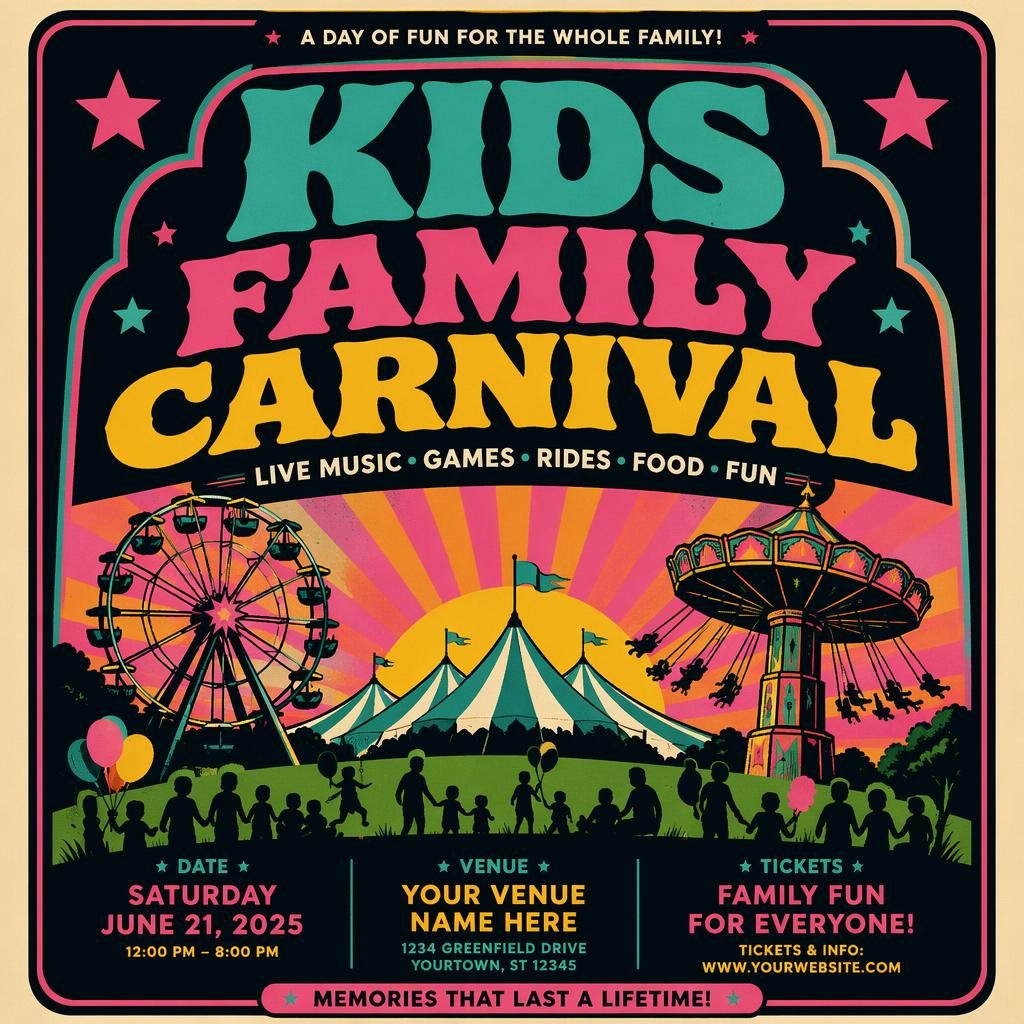Vintage 1960s-style event poster for a kids family carnival birthday party in a cool neon palette with readable placeholders