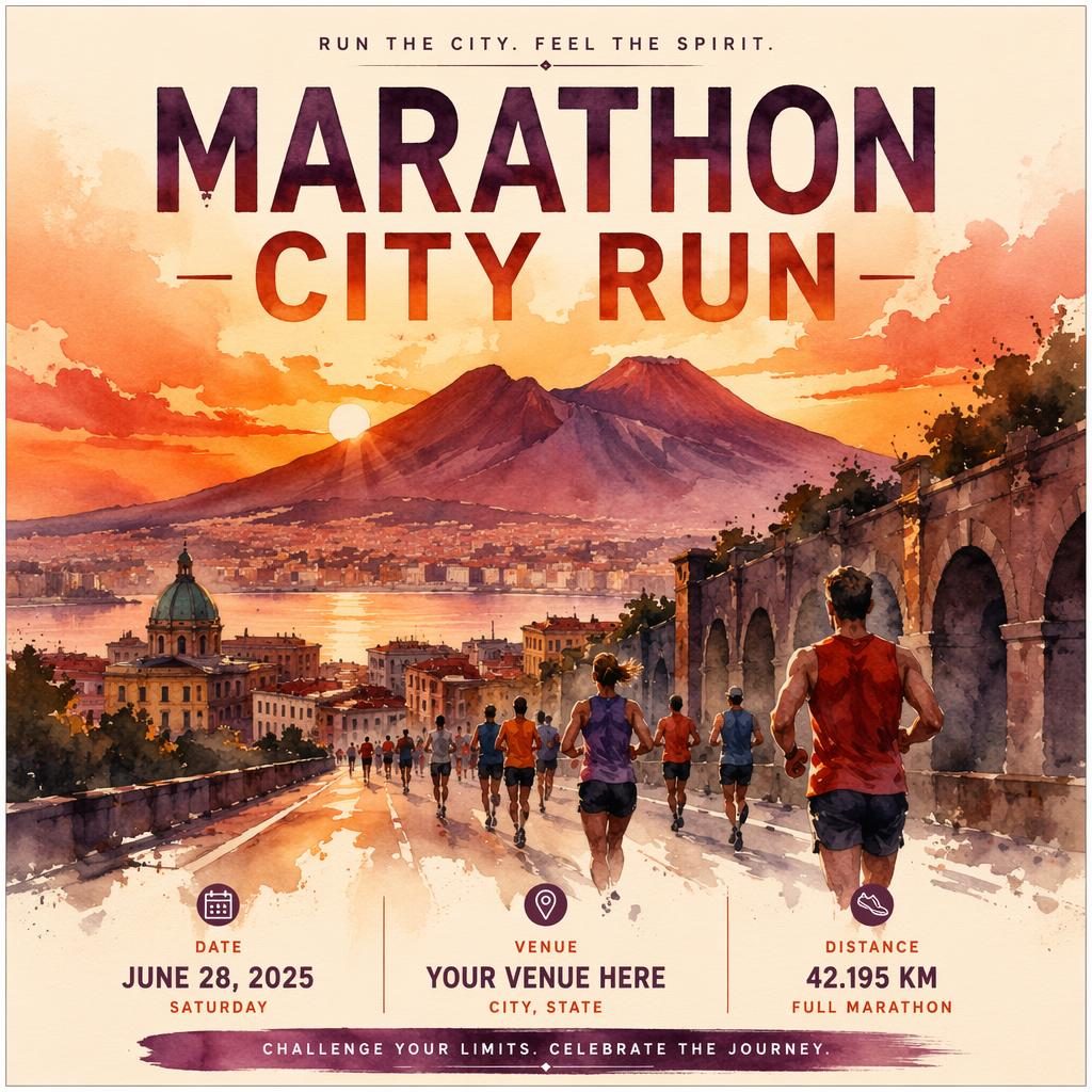 Watercolor event poster for a marathon city run art exhibition with warm sunset tones, cozy festive mood, and clean text placeholders.
