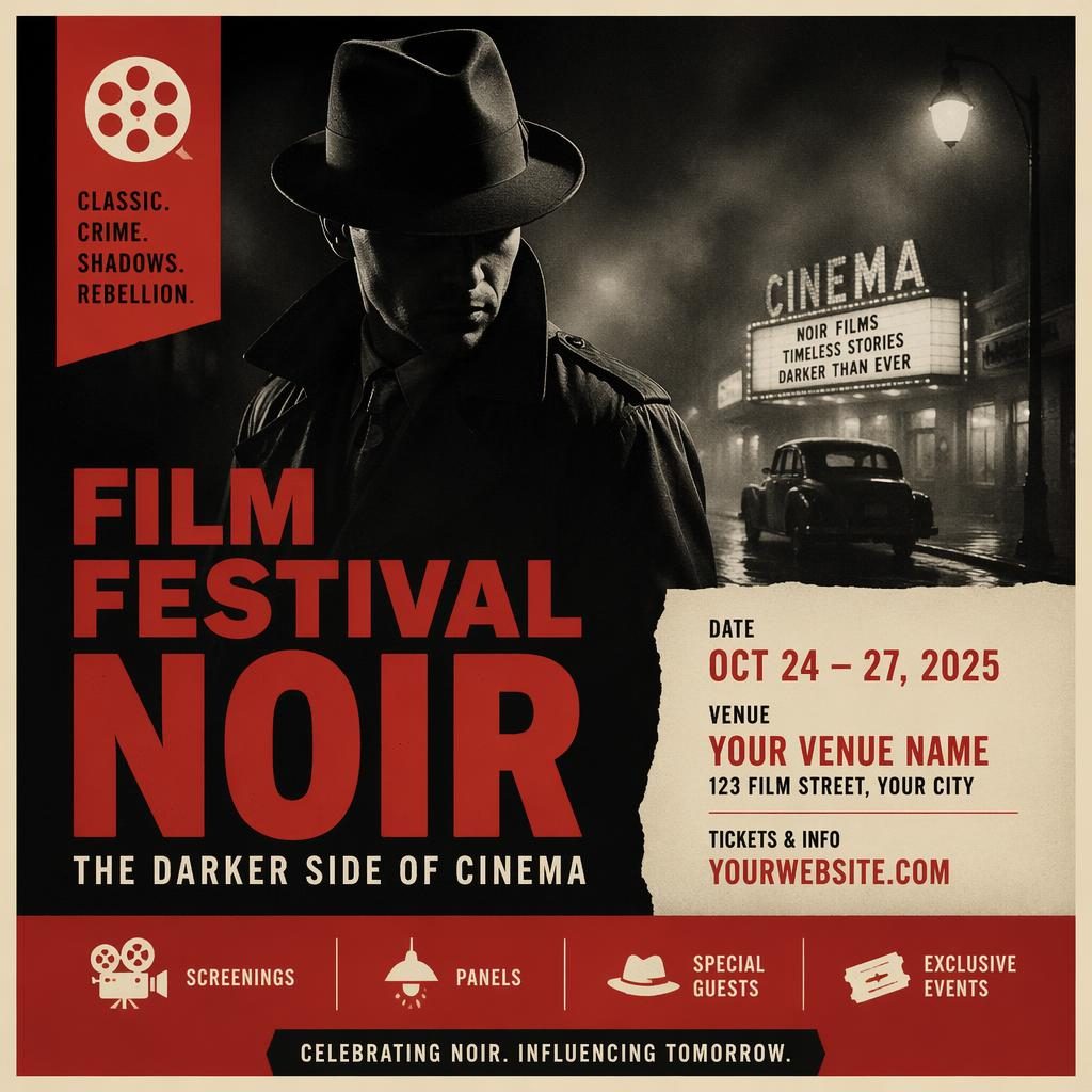 Photographic event poster with noir styling, cream and red overlay, bold typography placeholders, and a rebellious vintage mood.