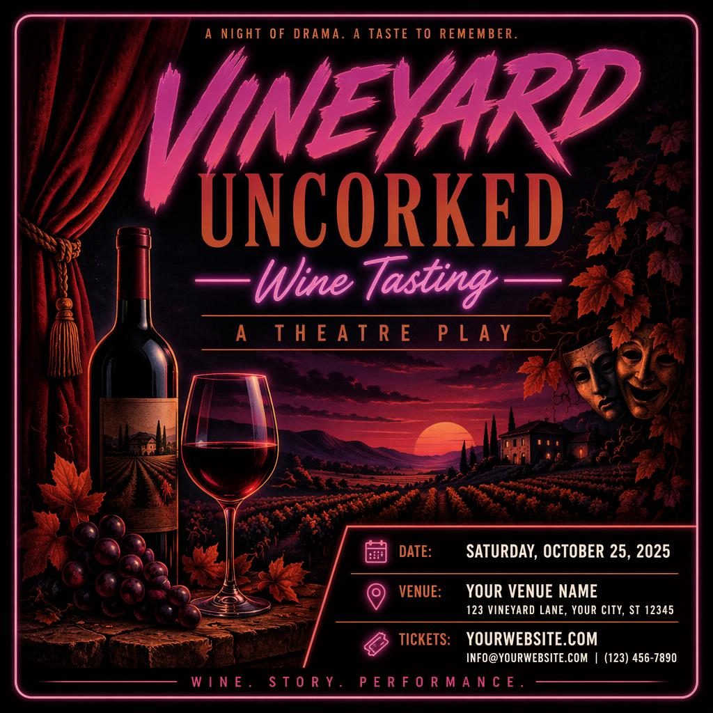 Retro 1980s neon event poster for a vineyard theatre wine tasting, with dark autumn rust tones and clean placeholder text.