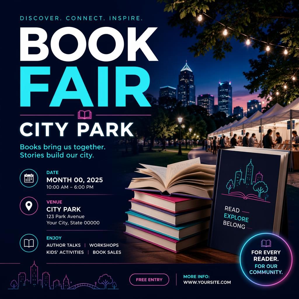 Modern editorial event poster for Book Fair City Park with cool neon palette and clean English placeholder text.