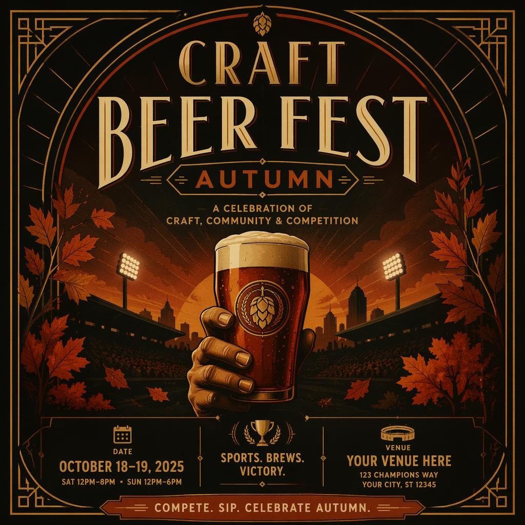 Art deco event poster for a craft beer fest in autumn with dark rust tones, luxury styling, and sharp event text placeholders.