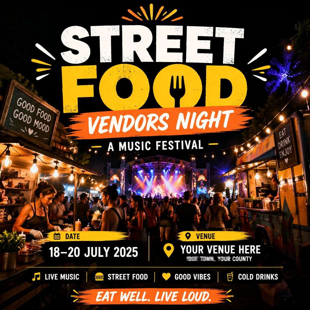 Photographic music festival poster showing street food vendors at night, bold high-contrast colors, and sharp event text placeholders.