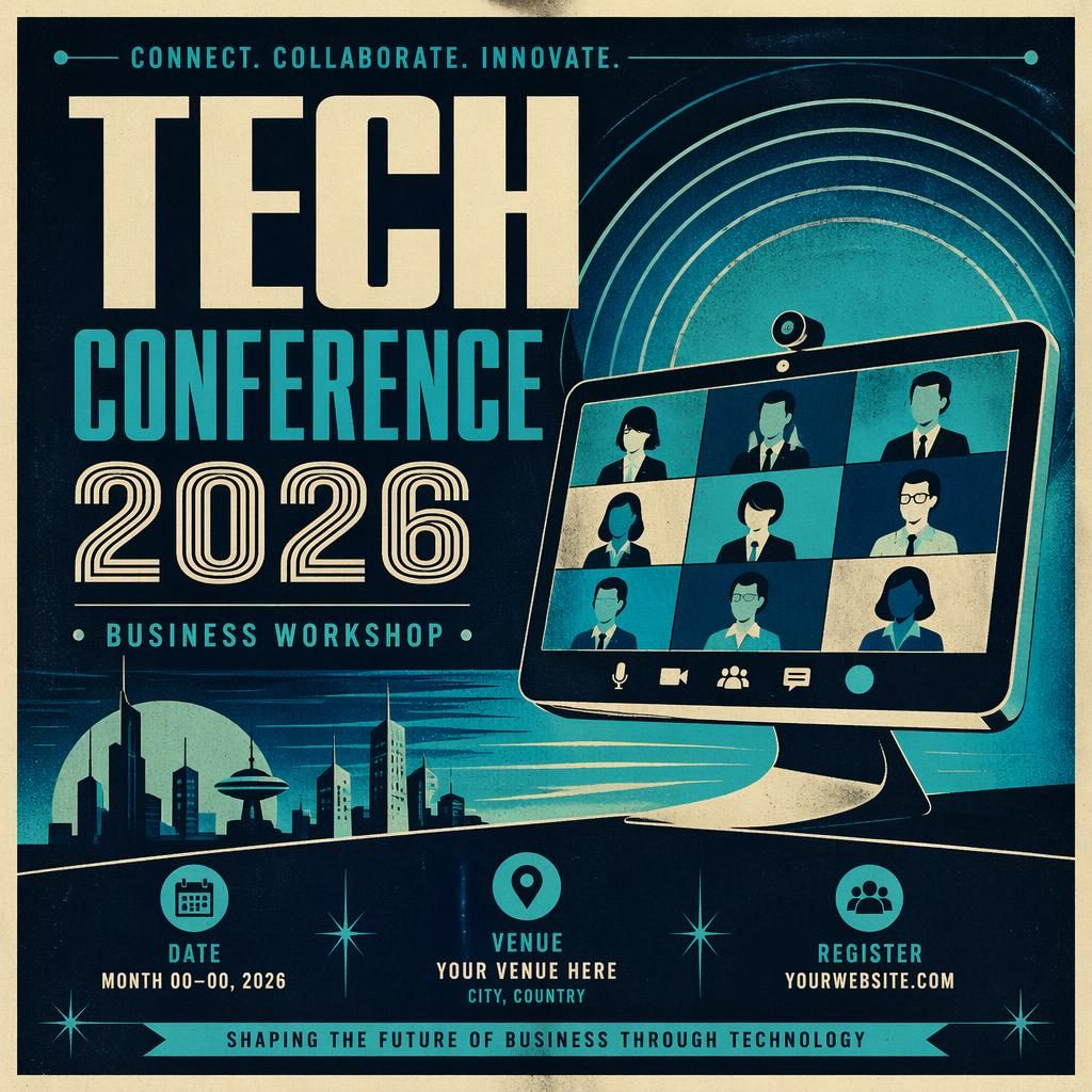Vintage 1960s-style tech conference 2026 event poster with cool neon colors, formal layout, and sharp placeholder text.