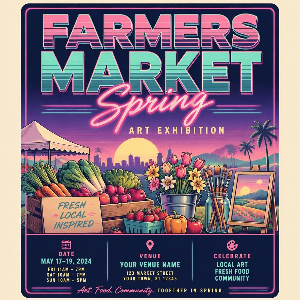 Retro 1980s neon event poster for Farmers Market Spring art exhibition with pastel palette and clean date, venue placeholders.