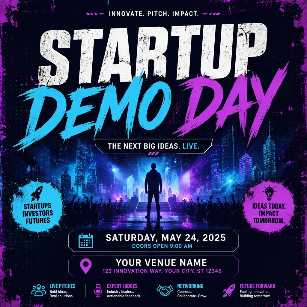 Neon grunge event poster for a startup demo day with clean date and venue placeholder text and formal festival styling.