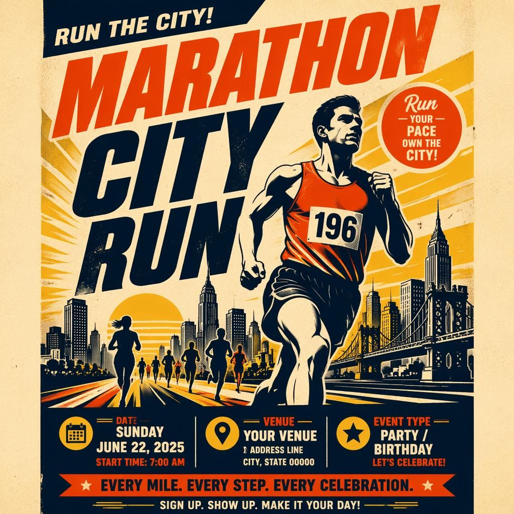 Vintage 1960s-style vertical flyer poster for Marathon City Run with bold high-contrast colors and clean event text placeholders.