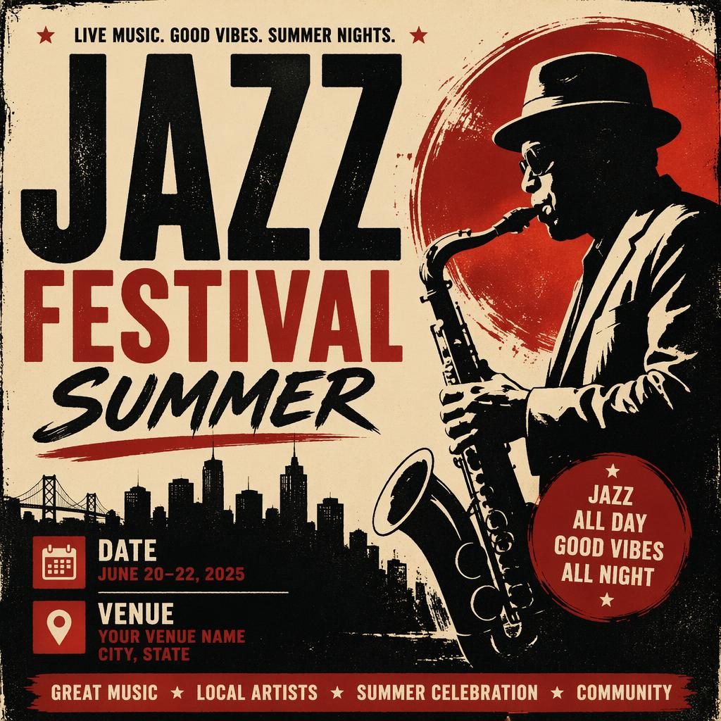 Grunge-style jazz festival summer event poster in vintage cream and red with bold typography and clean date, venue placeholders