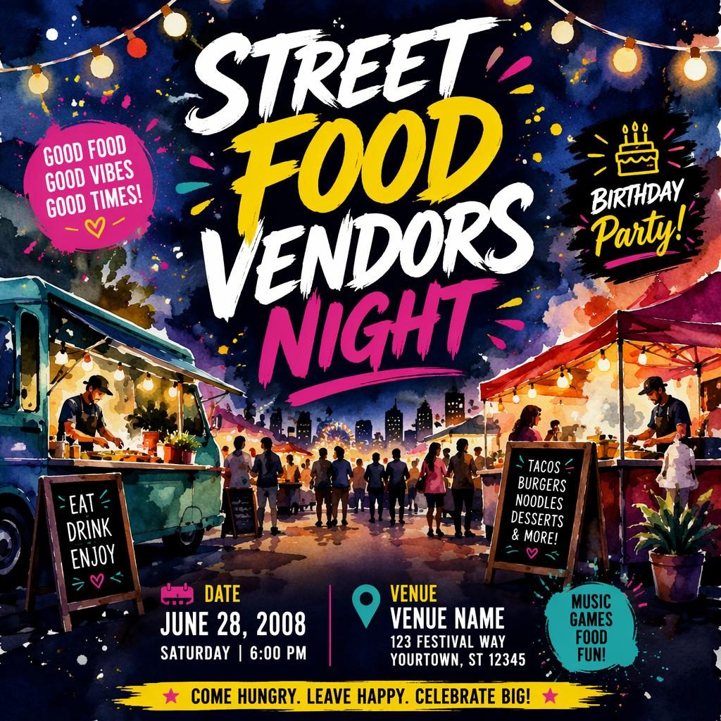 Watercolor event poster showing a lively street food vendors night party with bold colors and clean event text placeholders.