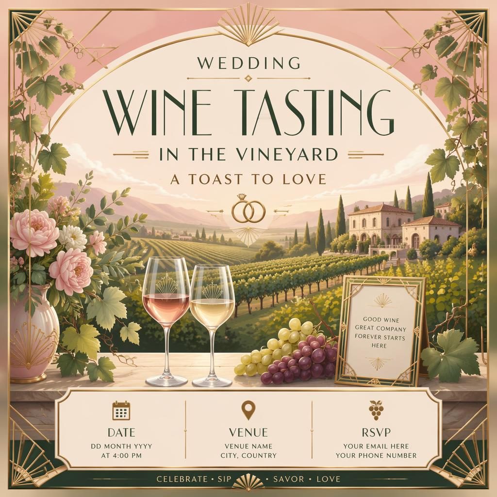 Affiche de mariage Art déco luxe avec dégustation de vin au vignoble, palette pastel, texte anglais net pour nom, date et lieu.