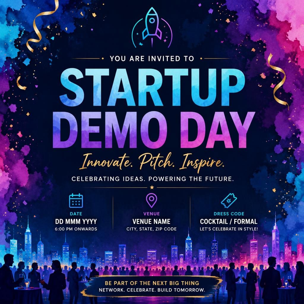 Watercolor event poster for a startup demo day party with cool neon tones and clean English placeholder text for date and venue.