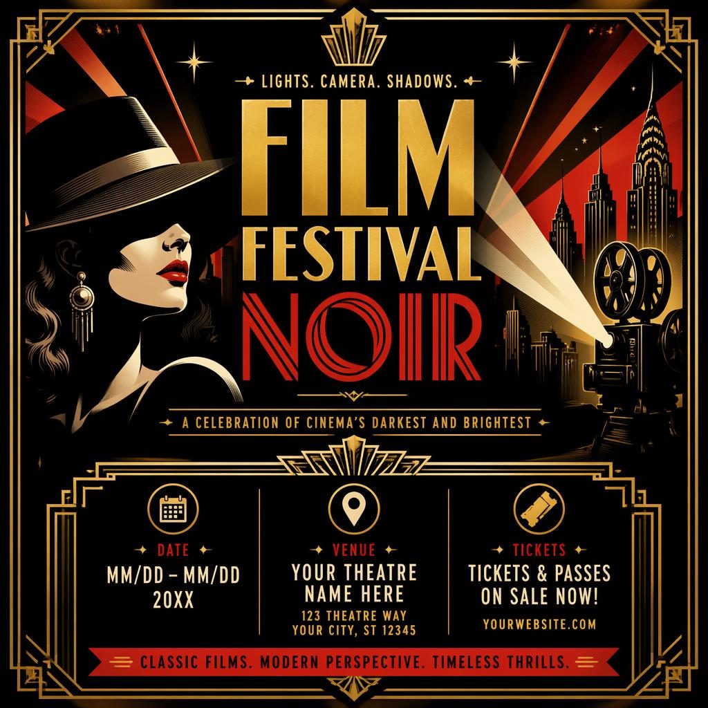Art deco luxury event poster for a noir theatre play with bold high-contrast colors and clean placeholder text.
