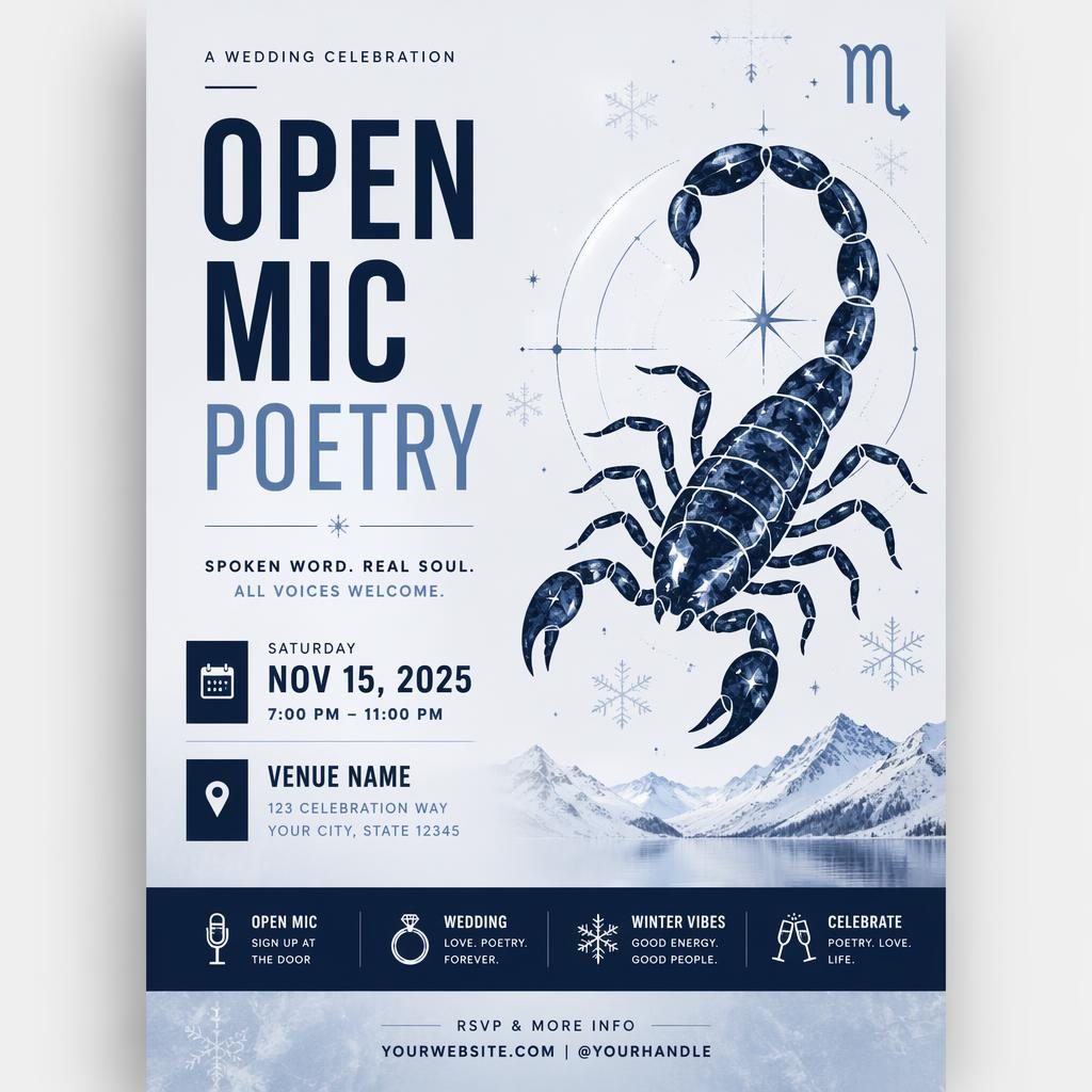 Minimalist Swiss-style winter event poster for an open mic poetry wedding, with icy blue palette and clean placeholder text.