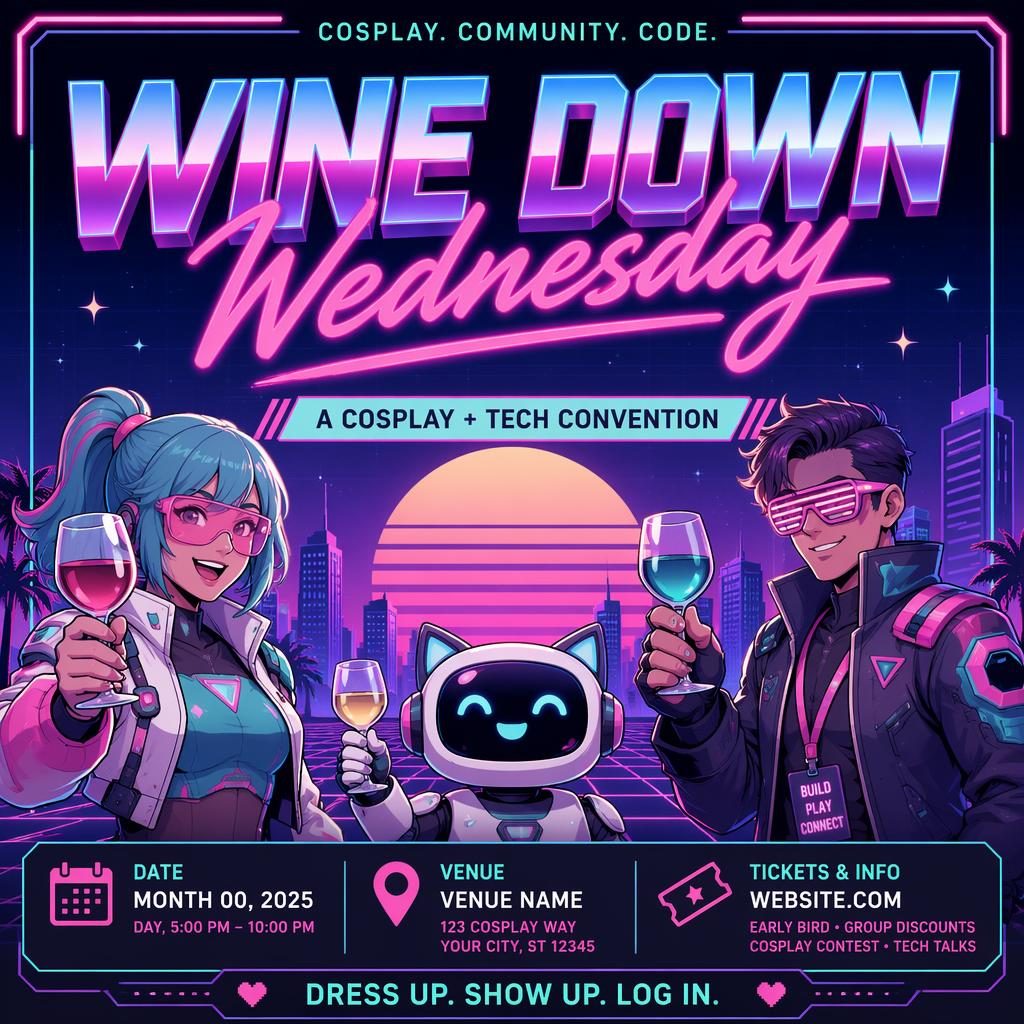 Retro 1980s neon event poster for a cosplay convention with pastel colors, joyful mood, and sharp venue date placeholders.