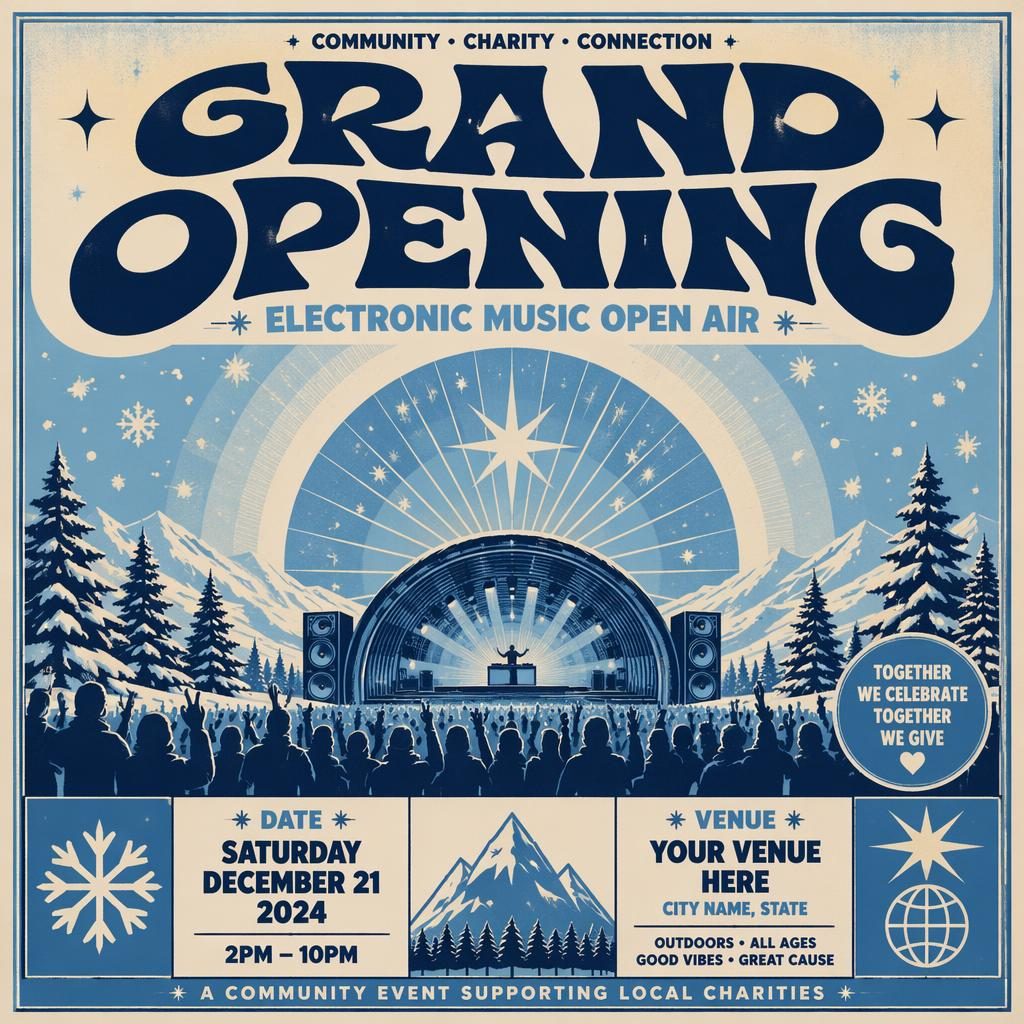 Vintage 1960s-style winter event poster for an electronic music open air charity event with icy blue tones and clean placeholder text.